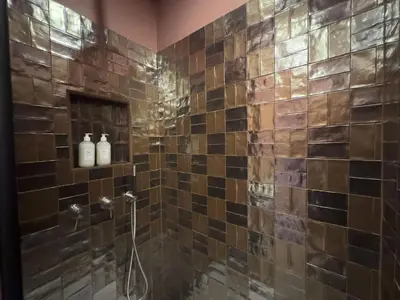 a bathroom with a shower with brown tiles at Terrace Apartment Monte del Gallo by St Peter in Rome