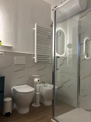 a bathroom with a shower and a toilet and a sink at Aulo Plauzio Apartment in Rome