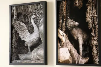 two photographs of a sculpture of a bird and a dog at BeSecret Belsiana in Rome