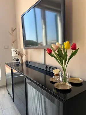 a black table with a vase of flowers and a tv at Enzo House in Rome
