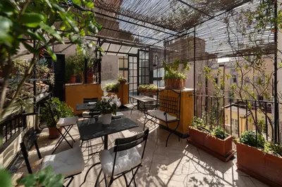 a greenhouse with tables and potted plants in it at Orange Room with bathroom and Shared Terrace in Rome