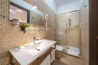 a bathroom with a sink and a shower at Vatican Golden Rooms in Rome