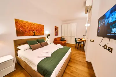 a bedroom with a large bed with a flat screen tv at Vatican Meadows Apartment in Rome