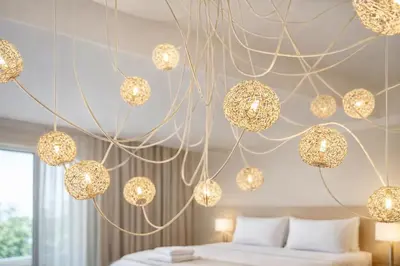 a bedroom with gold chandeliers hanging from the ceiling at Luxury Stay in Rome Steps from Metro A Cornelia in Rome