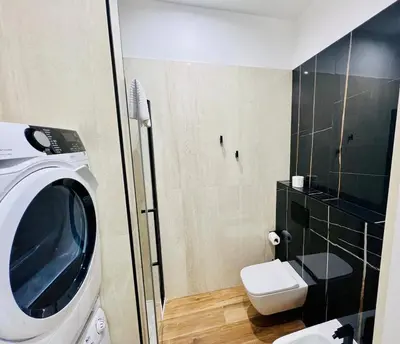 a bathroom with a washing machine and a toilet at LP San Giovanni Apartment in Rome