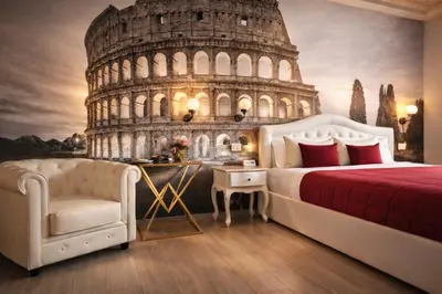 a bedroom with a bed and the leaning tower at RomAntic Dreams Guest House in Rome