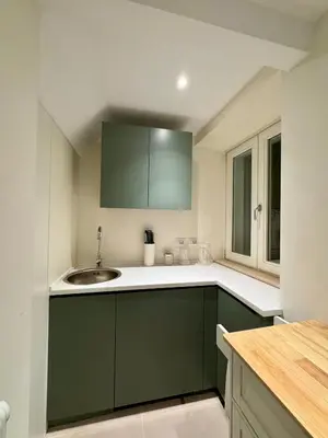 a kitchen with green cabinets and a sink at Navona Fox House 1 in Rome