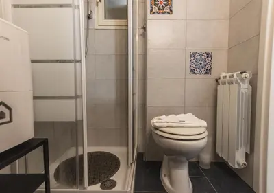 a small bathroom with a toilet and a shower at Delizioso loft vicino Piazza del Popolo in Rome