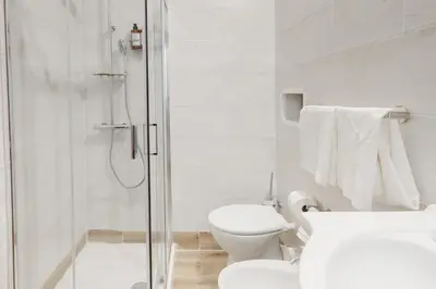 a white bathroom with a toilet and a shower at Gioele's Apartment in Rome