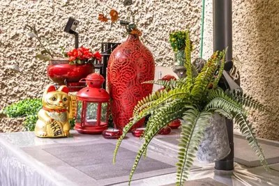a table with red vases and a plant on it at St Peter Vatican Lovely Apartment & Patio, Rome in Rome