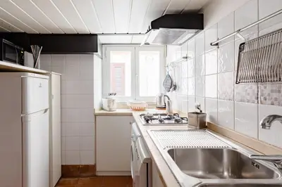 a small kitchen with a sink and a stove at Trevi Fountain - Modern Suite in 17th-century Palazzo in Rome