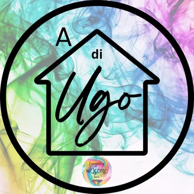 a sign that says ahi vibrique on a colorful background at A casa di Ugo - Colors and space at Pigneto, Rome in Rome