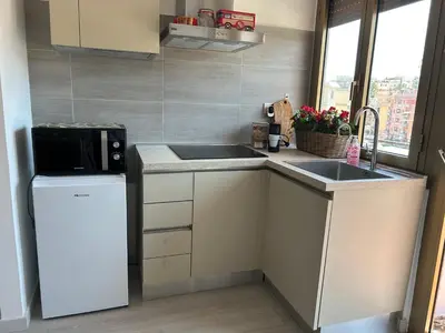 a small kitchen with a sink and a refrigerator at Primavalle Lodge - METRO Battistini in Rome