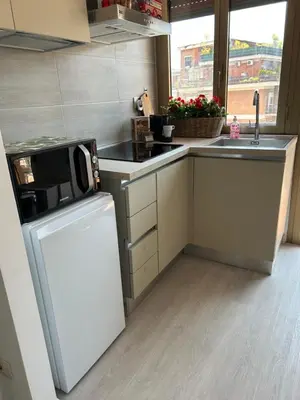 a small kitchen with a refrigerator and a microwave at Primavalle Lodge - METRO Battistini in Rome