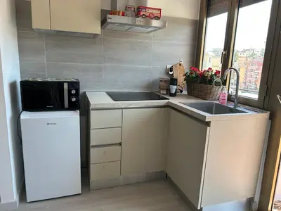 a small kitchen with a sink and a microwave at Primavalle Lodge - METRO Battistini in Rome