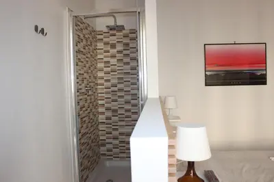 a bathroom with a shower with a tile wall at B&B Mazzini in Rome