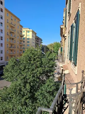 a balcony of a building with a tree and buildings at Wonderful Garden at Colosseo in Rome