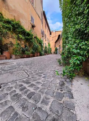 a cobblestone street in an alley between two buildings at ERA Trastevere in Rome