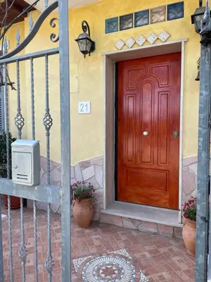 a wooden door of a house with pots of flowers at Eternal Lemon Home in Rome