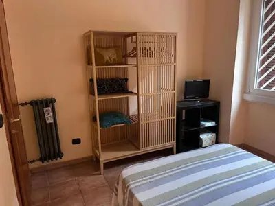 a bedroom with a bed and a shelf with a television at Holiday home Roma Night and Day in Rome