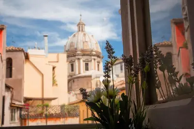 a view of a cathedral from a window with a plant at Boutique Domus Navona Librari Balcony in Rome