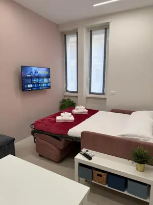 a bedroom with a large bed and a flat screen tv at Apartmentdigioia in Rome