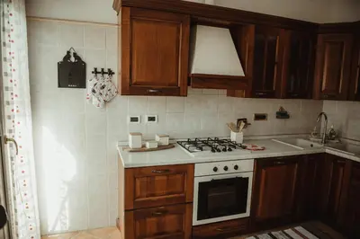 a kitchen with wooden cabinets and a stove top oven at Quo Vadis APT in Rome
