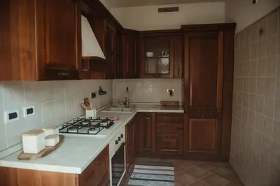 a kitchen with wooden cabinets and a stove top oven at Quo Vadis APT in Rome