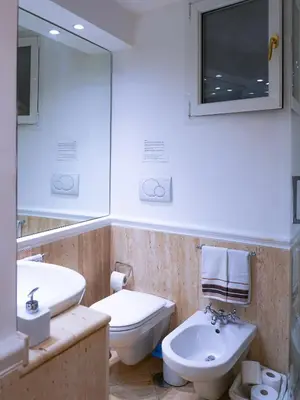 a bathroom with a sink and a toilet and a mirror at Best Location in Rome -Historical Center in Rome