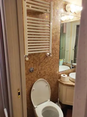 a bathroom with a toilet and a sink and a mirror at Library's House in Rome