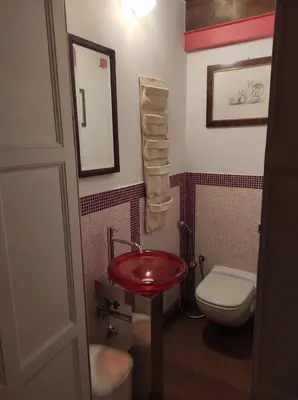 a bathroom with a red sink and a toilet at Library's House in Rome