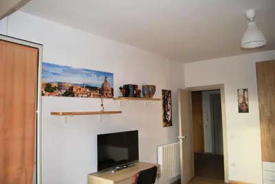 a living room with a tv and a fireplace at Tiburtina Family Apartment in Rome