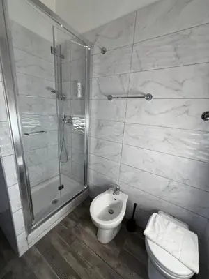 a white bathroom with a shower and a toilet at Tiburtina Hotel Holiday in Rome