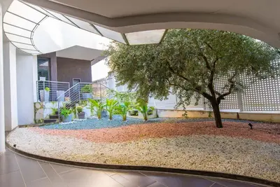 a courtyard with a tree in the middle of a building at Albertahaus in Rome