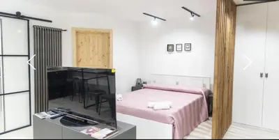 a bedroom with a pink bed and a mirror at Studio Flat Rome Metro Garbatella in Rome