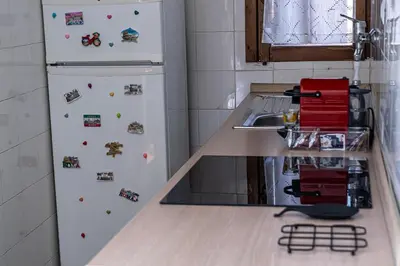 a kitchen with a white refrigerator with magnets on it at Terrace with view of Cupola San Pietro - Casa Claudia in Rome