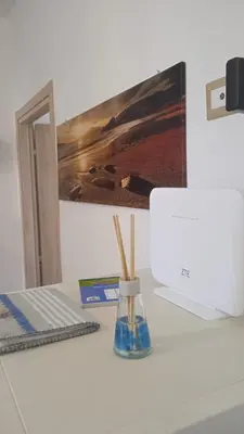 a desk with a laptop computer and a vase with wooden sticks at Danielas House in Rome