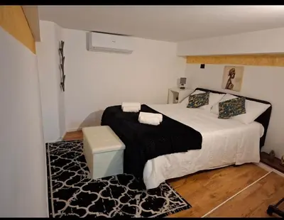 a bedroom with a bed with a black blanket and a rug at Monolocale Stadio olimpico Francia Suite in Rome