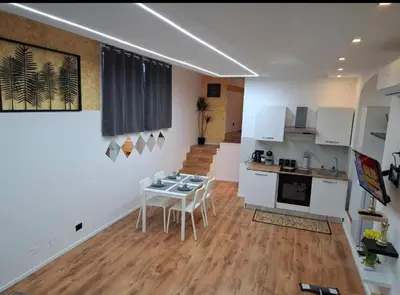 a kitchen and living room with a table and chairs at Monolocale Stadio olimpico Francia Suite in Rome