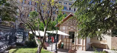 a tree in front of a building with an umbrella at Casa Alessia a Roma in Rome