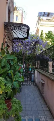 a balcony with purple flowers on a fence at Casa Alessia a Roma in Rome