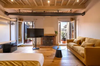 a living room with a couch and a fireplace at Terrace 34 in Rome