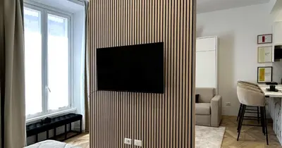 a living room with a television on a striped wall at YCH-Vatican Superior Suite in Rome