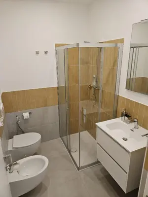 a bathroom with a shower and a toilet and a sink at Toto San Paolo Rooms in Rome