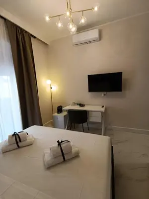a bedroom with a bed and a desk and a television at Luxury Rome Vatican's Garden in Rome