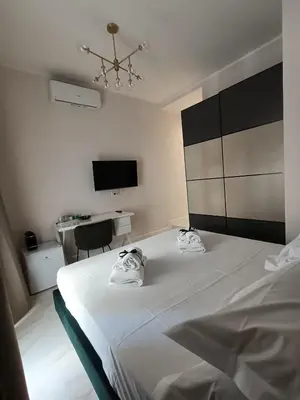 a bedroom with a bed and a desk and a television at Luxury Rome Vatican's Garden in Rome