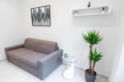 a gray couch in a white room with a plant at Domus Aurea2 a stone's throw from the Colosseum in Rome
