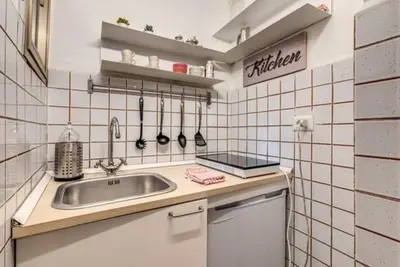 a kitchen with a sink and a counter with utensils at Petite Fleur in Rome