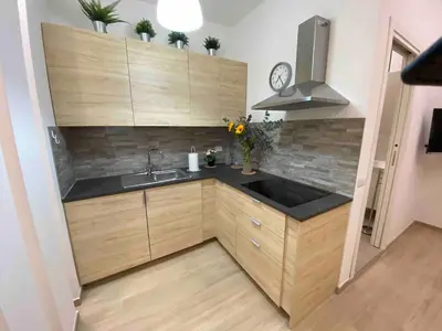 a kitchen with wooden cabinets and a sink at Loft in the Ghetto 2 in Rome
