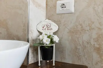 a bathroom with a vase of white flowers next to a sink at Domus Gabriella - Roman Forum Apartment in Rome